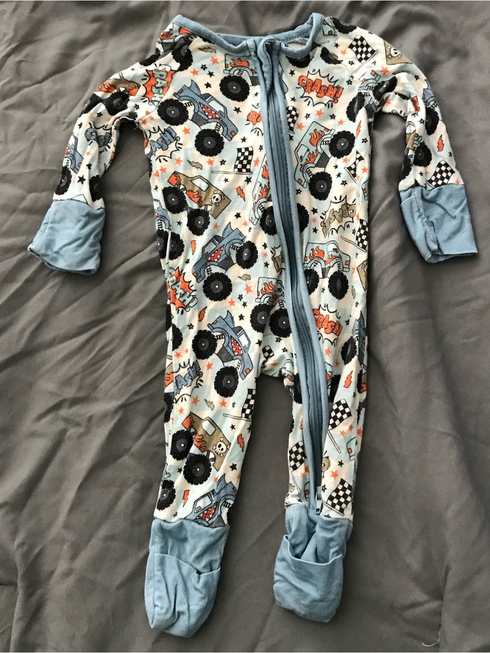 Blue Monster Truck Footed One-Piece Pajama for Kids - Cozy Zip Front BAMBOO PJS